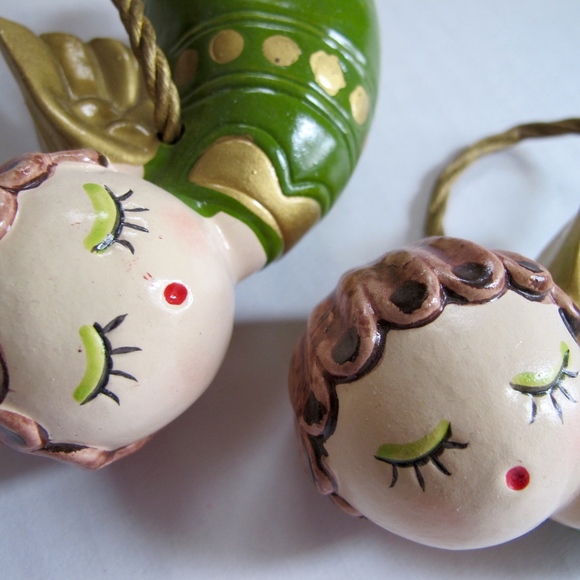 Mid Century Angel Pair Twins Mod Green Gold Japan - Picture 4 of 6